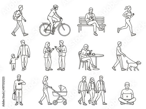 Diverse people engaged in everyday activities, illustrating various aspects of modern urban life and human interaction in a clean line art style, perfect for lifestyle and community concepts