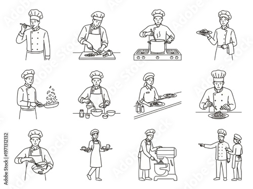 Collection of illustrated chefs in various culinary activities, showcasing food preparation, cooking, and serving