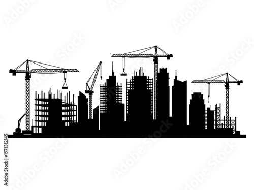 Silhouette of a city skyline under construction with cranes and buildings against a white background, representing urban development