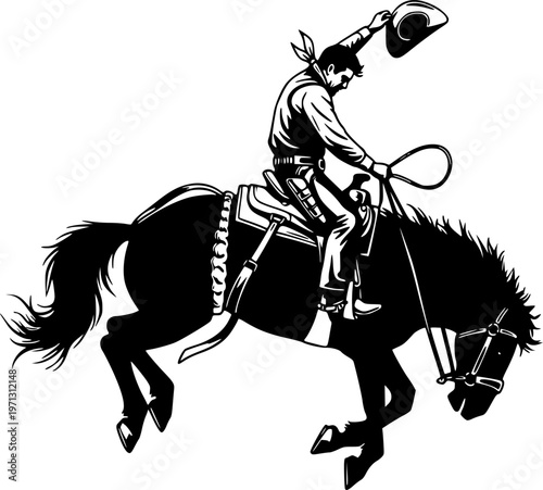 Cowboy riding bucking horse silhouette vector illustration isolated on white background
