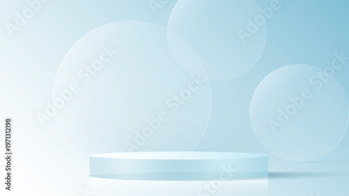 3D glass transparent crystal. Empty cylindrical pedestal. 3D cylinder and cube glass platforms set background. Vector realistic illustration of transparent plastic round and square