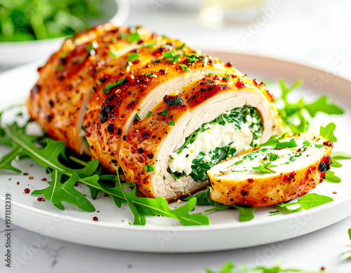 Chicken breast roulade with goat cheese and arugula, white serving plate, closeup. AI