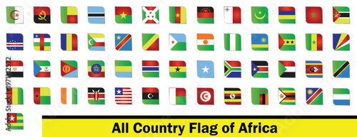 Complete Africa Country Flag Icon Set, Glossy National Flags for African Nations Map and Travel