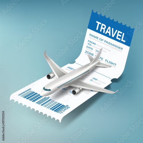 Flight booking and airline travel concept with 3D airplane on boarding pass ticket, vacation trip planning, air transportation and international tourism journey illustration.