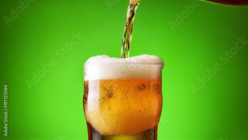 A glass of beer being poured with a vibrant green background, capturing the refreshing moment of quenching thirst