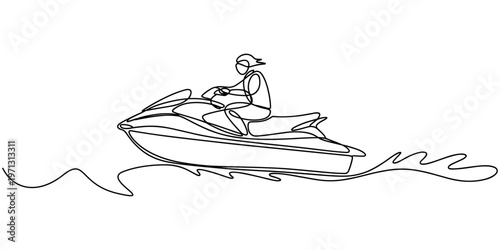jet ski continuous one line drawing, Healthy lifestyle sport concept. Happy tourist vacation. self drawing of single continuous line draw young.