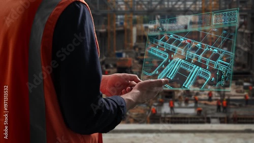 Professional Technician Carefully Examines Schematic Details Amidst Busy Construction Activities For Accuracy