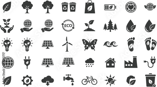 Comprehensive Collection of Ecology and Sustainability Vector Icons Featuring Solar Panels Wind Turbines Recycling Symbols and Green Energy Elements for Environmental Conservation Corporate 