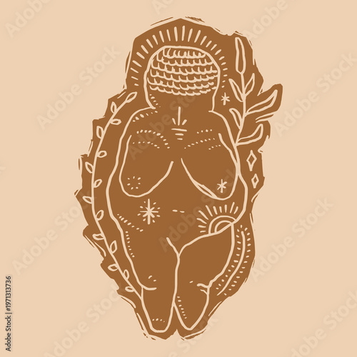 The Paleolithic Mother minimalist Venus of Willendorf linocut with mushrooms hand drawn sketch of stone obese female figurine isolated boho clipart. Sacred woman symbol of fertility matriarch earthy