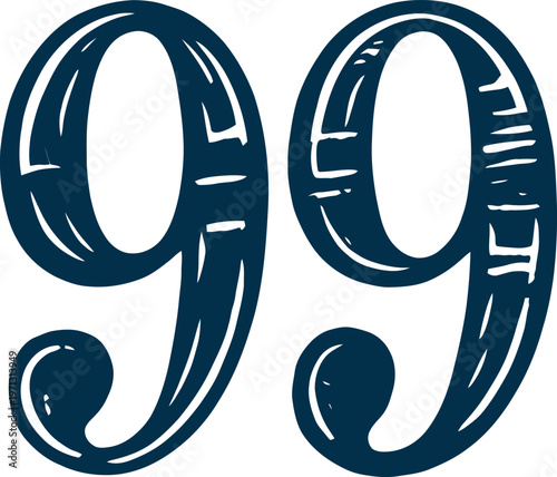 Dark blue stylized numbers 99 with hand-drawn woodcut texture digits