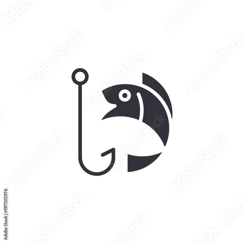 Fish and hook icon representing fishing industry, seafood services, marine activity, and outdoor recreational business concepts.