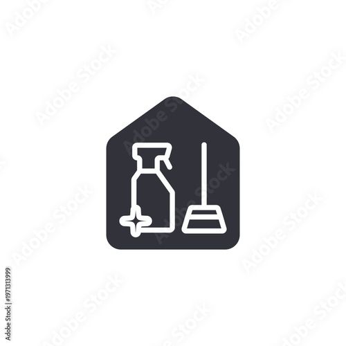 Spray bottle and cleaning tools icon representing sanitation, hygiene products, cleaning services, and maintenance equipment.