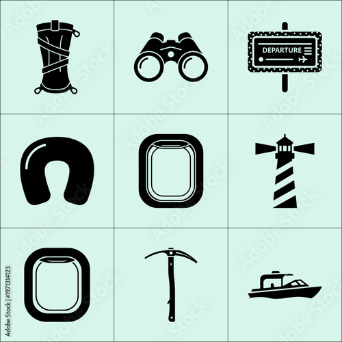 Black travel icons on mint green featuring binoculars lighthouse porthole and boat