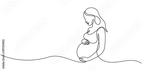 Continuous line drawing of a pregnant woman. One line drawing of a pregnant woman. Pregnant belly. Minimalist contour illustration of a happy mother.