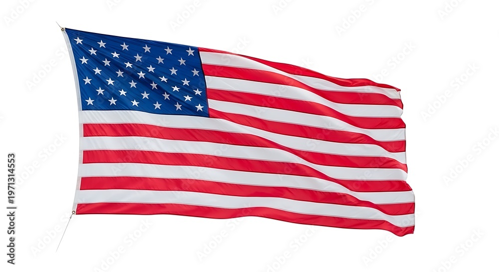 Fototapeta premium American Flag Waving Proudly A Symbol of Freedom and Unity Displayed Against a White Background