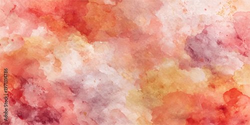Colorful abstract watercolor hand painted background with a vintage grunge texture featuring fiery orange and red paint strokes on a pink canvas paper backdrop