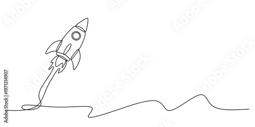 Rocket Launch Line Art, Minimalist continuous-line drawing of a rocket launching upward from a curved surface, symbolizing exploration and motion