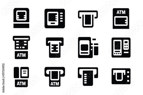 Set of twelve black silhouette representing a t m machines and banking transactions