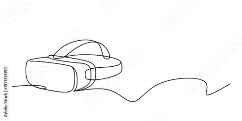 Virtual Reality Headset Line Art, Minimalist continuous-line drawing of a VR headset with a cable extending outward, symbolizing modern technology and immersive experiences