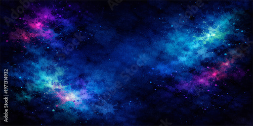 Deep fantasy nebula illustration of a starry night sky featuring a bright blue galaxy and dark planet backgrounds in a science outer cosmos universe field