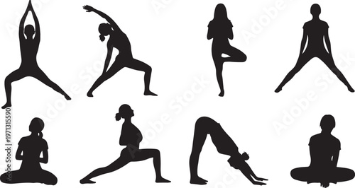 people exercising stretching yoga silhouette set black