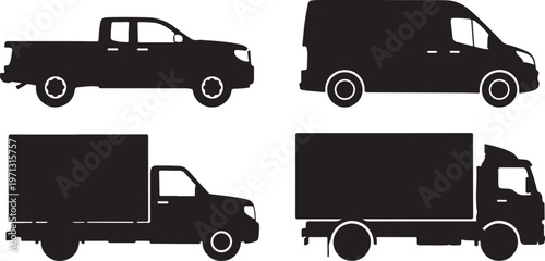 pickup truck delivery van cargo truck silhouette set black flat vector white background