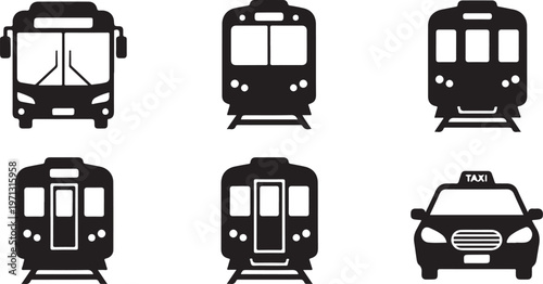 public transport bus metro train taxi silhouette set black minimal vector