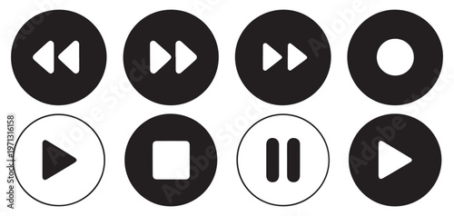 Bold black circular buttons for audio and video player control. vector illustration eps 10