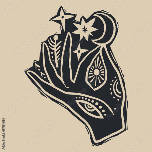 The Healing Touch Mystical Reiki Moon Aura Hand Illustration Holistic Linocut Lines Vector Clipart
