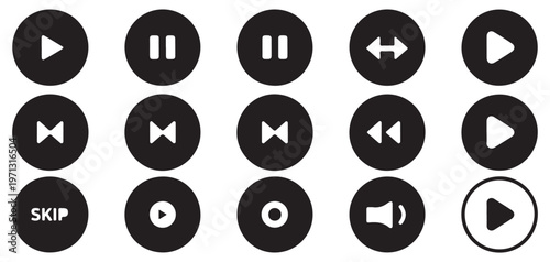 Black square media player control icon set for web and mobile UI. vector illustration eps 10