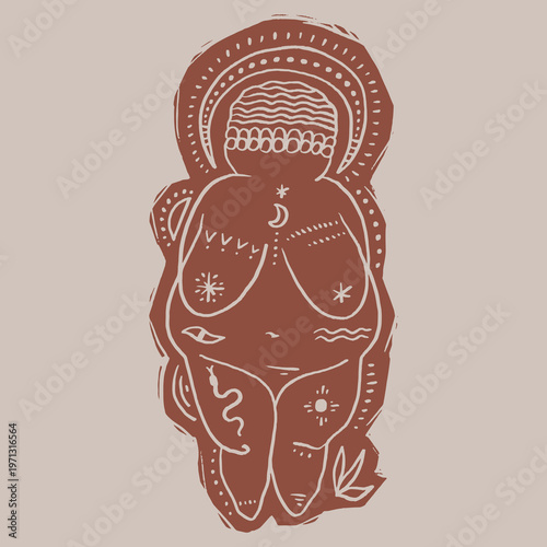 The Paleolithic Mother minimalist Venus of Willendorf linocut with mushrooms hand drawn sketch of stone obese female figurine isolated boho clipart. Sacred woman symbol of fertility matriarch earthy