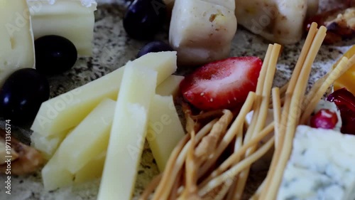 Wooden rustic plate presenting artisan cheese selection, ripe berries, pomegranate seeds, crisp breadsticks in sophisticated gourmet arrangement
