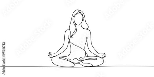 Continuous one line drawing of woman doing lotus yoga pose. Woman sitting cross legged meditating. Woman practicing yoga and meditation one continuous line. Girl sitting
