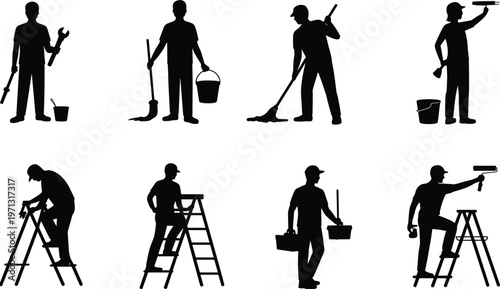 painter worker silhouettes set painting tools ladder bucket roller brush handyman construction service people black isolated vector illustration