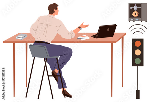 Technology, innovation, smart devices, 3D printing, modern workplace, connected smart systems. Person seated at desk with laptop gesturing towards nearby devices. Technology and innovation concept