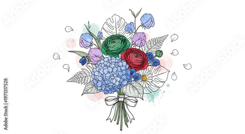 Watercolor floral bouquet illustration with various colorful flowers and leaves design