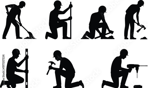 construction worker silhouettes kneeling digging hammer drilling tools labor industrial builder people black isolated vector illustration set