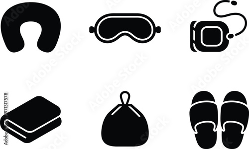 Travel Comfort and Relaxation Icons Set Black Silhouette Isolated on White Background vector