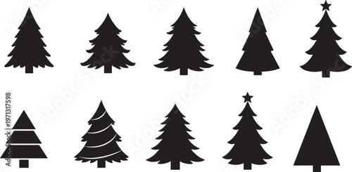 A minimalist illustration of six black pine trees on a white background.