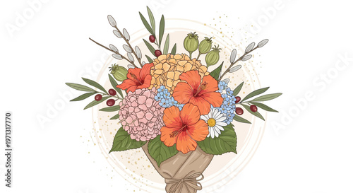 Vibrant floral bouquet illustration against white background for creative design