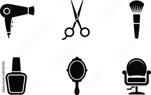 Black Icons Of Hairdressing And Beauty Salon Equipment On White hairdryer scissors