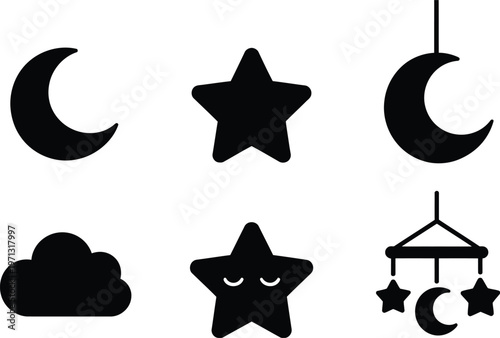 Celestial Baby Icons Set Black Silhouette Symbols on White moon crescent moon