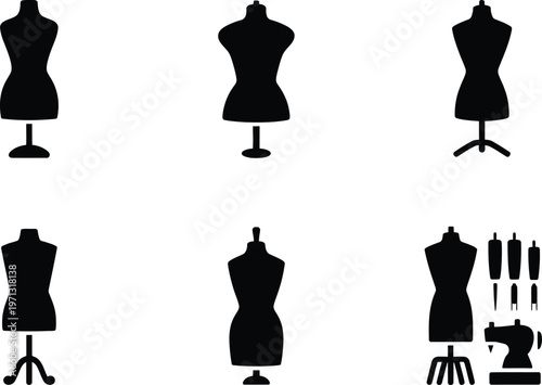 Dressmaker Mannequin and Sewing Icons on White Background dummy form