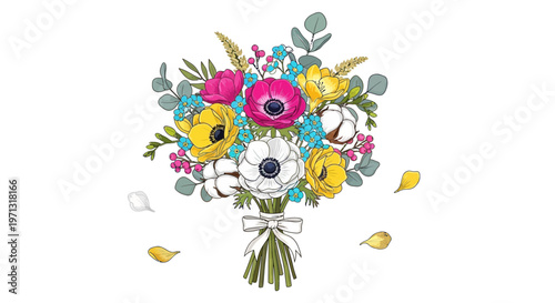 Watercolor bouquet illustration with colorful flowers and leaves on white