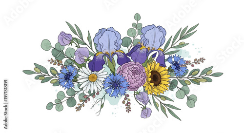 Watercolor floral arrangement featuring irises daisies cornflowers and eucalyptus leaves
