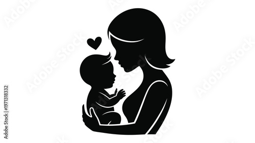 Silhouette of a loving mother tenderly holding her infant child with a heart symbol above vector art style black and white design