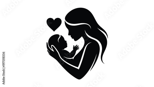 Silhouette of a mother tenderly holding her baby with a heart floating above black and white minimalist design symbolizing love and motherhood