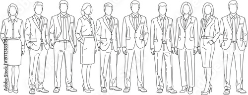 Minimalist line drawing of professional business people and corporate team standing in a row isolated on white background for design