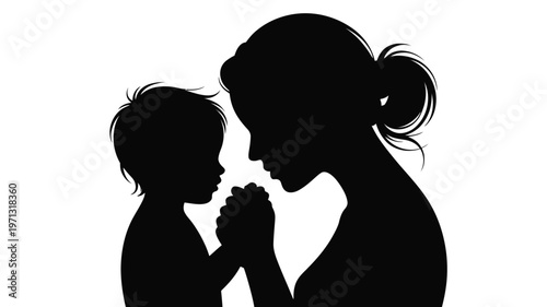 Silhouette of a mother and child embracing in a tender moment depicted in minimalist black and white against a clean background