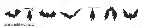 Black vector silhouette set of diverse bats flying and hanging for Halloween decoration. Black Silhouette Bats Flying Perched And Hanging On White Background vector illustration.